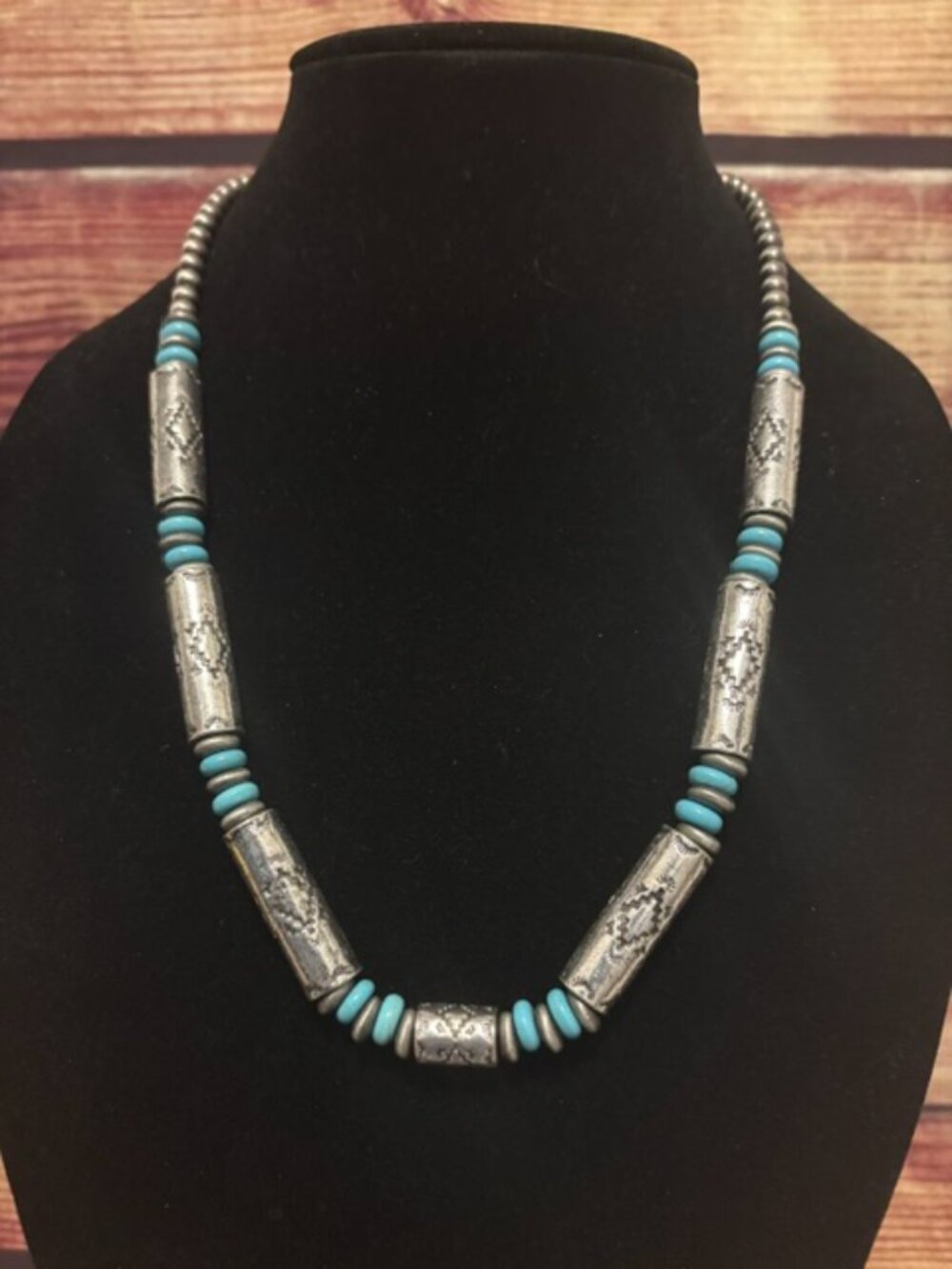 ICON 24" Western Navajo Style Pearl & Aztec Barrel Bead Necklace, Turquoise NWT